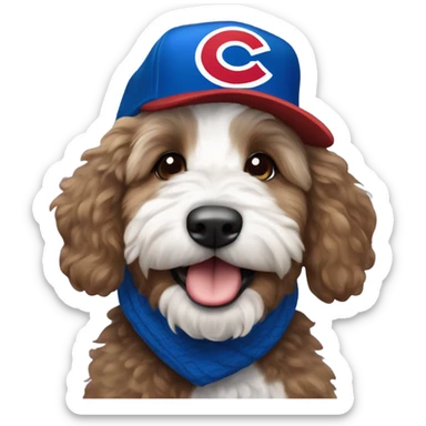 Bernedoodle with chicago cubs hat and scarf sticker