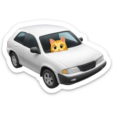 A cartoon emoji-style car with a curious cat peeking out from the open hood of the engine compartment. sticker