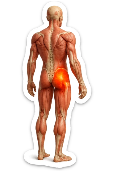 CORPO UMANO ANATOMICO A FIGURA INTERA REALISTICO DI SPALLE CON DOLORE ALLA LOMBARE INFIAMMATA, DOLORE ALL'ANCA, IPERREALISTICO 4K sticker