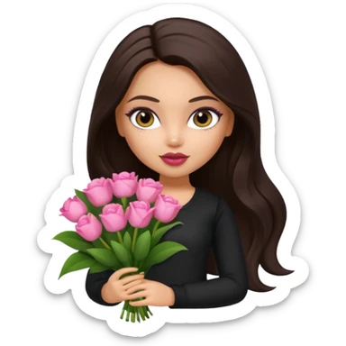  pretty bratz doll with makeup with dark top, long dark brown hair holding big bouquet of flowers  sticker