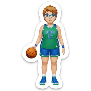 Full Body plus size white female basketball player with short light brown hair with carmel highlights spike hair wearing blue glasses 
 wide nose wearing blue green uniform  green sneakers smiling  sticker