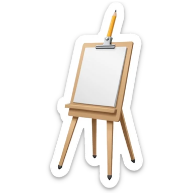 Minimalistic flat vector icon, iOS style, thin black contour on white background. Easel with a paper sheet and a pencil leaning against it. No text, no shadows sticker