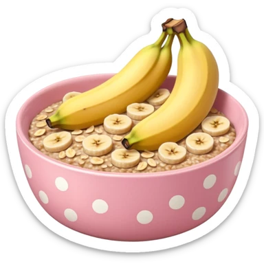 banana baked oats in a bowl like oat meal with a couple banana slices on top that look a little bit caramelised and a light pink bowl with white polka dots please with NO whole banana on top just slices  sticker