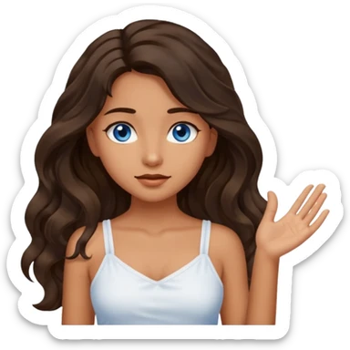 Girl with olive skin, blue eyes, brown dark insanely wavy long hair, white camisole, left hand palm flat sticker