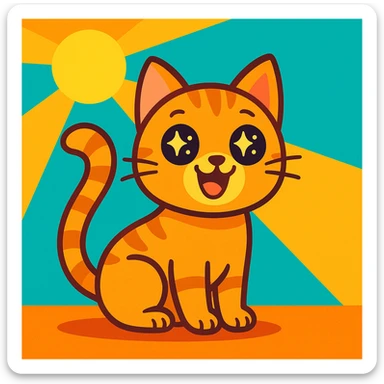 cute cartoon-style cat sitting with big sparkling eyes, wide smile, tail up and curling in joy, sunny background, bright colors, vector style sticker