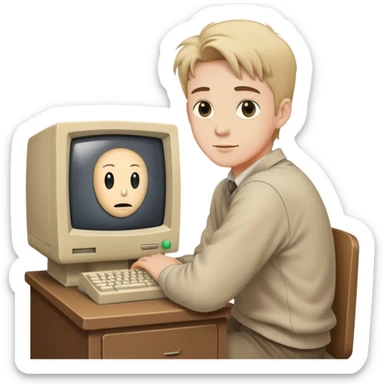 Young man sitting at a very old desktop computer from the 1990s with CRT monitor and beige tower sticker