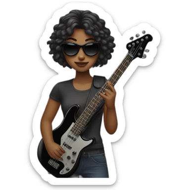 girl with sunglasses holsing a black bass guitar sticker