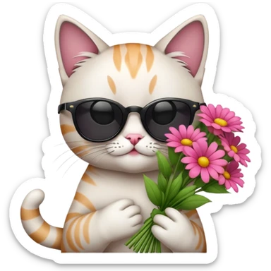 cat wearing sunglasses holding a bouquet of flowers sticker
