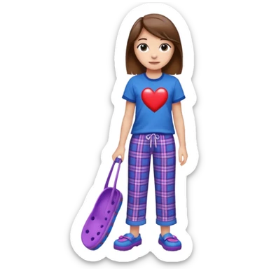 a floating purple heart next to a girl with brown hair armpit level that is straight wearing a star boy shirt and red plaid pj pants and blue crocs sticker
