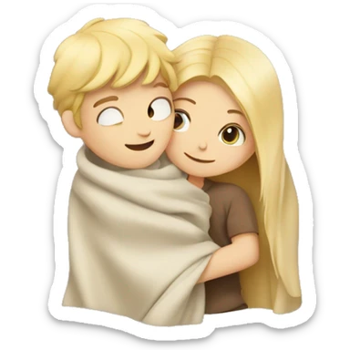 Brunette boy and blond girl hugging in a blanket  sticker