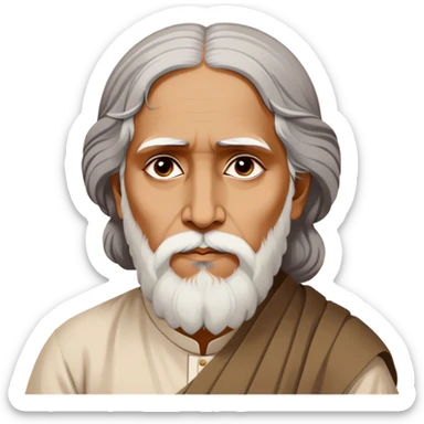 Rabindranath Tagore – Cinematic Realistic Portrait of Rabindranath Tagore, depicted with thoughtful, soulful eyes and gentle features, dressed in traditional Bengali attire with subtle artistic motifs, bathed in warm, soft lighting that evokes his poetic genius and timeless wisdom. sticker