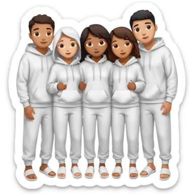 four mixed race friends all wearing white oversized hoodies, white sweatpants, and white slides huddled together hugging sticker