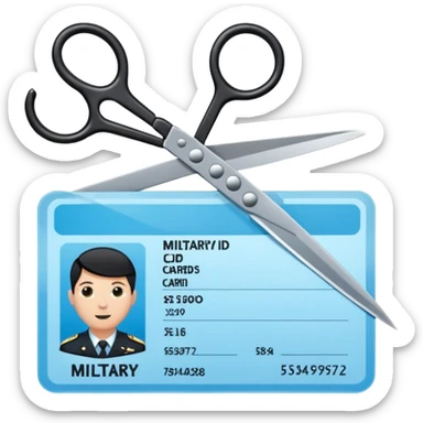 Floating black Scissors cutting a light blue military ID card in 2 parts .hyper realistic sticker