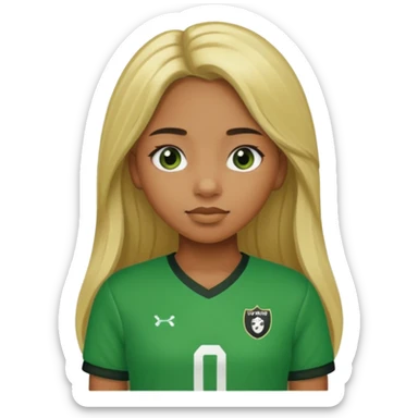 A caramel brown girl with black eyes and long blond hair with a green football shirt sticker