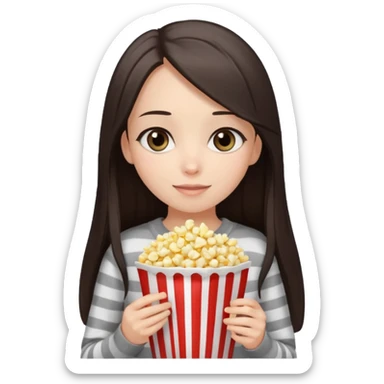 girl with dark brown straight long hair, striped light sweater, gray eyes, holding popcorn in her hands sticker