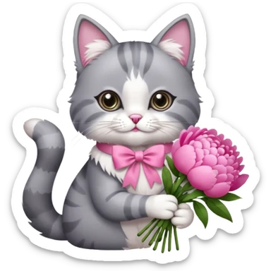 Cute cat Handing pink peonies like reaching a hand and handing them out a bouquet of them not a physical hand the cats hand  make the cat fluffy and grey and white fluffier make the cat wear a pink coquette make her wear a pink coquette sticker