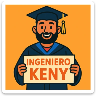 un graduado universitario con barba sosteniendo un cartel que dice INGENIERO KENY, estilo ilustración colorida, alegre y simpático, fondo simple sticker