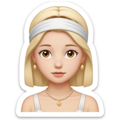 clean girl aesthetic emoji, wearing a white headband, flawless skin, subtle blush, delicate gold necklace, light pastel background sticker
