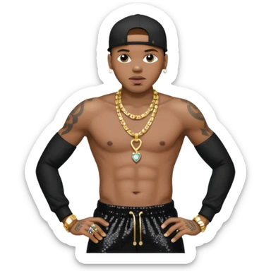 Chris Brown with black sequin baggy pants, shirtless with necklace sticker