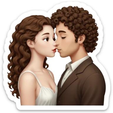 A couple kissing, the man would be white-skinned, mid fade-curly, brown-hair. The serious woman with white skin, long hair and brown color sticker