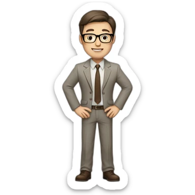 Full height Actively gesturing with hands Pale skinned fit man with dark brown hair in gray jacket, beige office shirt, brown tie, brown pants and vintage glasses. sticker