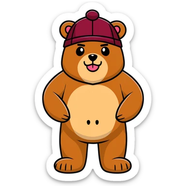 Tan Bear wearing a maroon Nasty Pig hat sticker