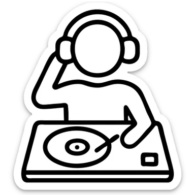 DJ icon, outlined style, person with headphones, turntable, minimalistic sticker