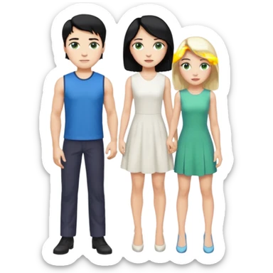 prince, standing upright, black Hair, blue eyes, garment, and woman, bending knee, sleveless white dress, blonde hair, green eyes, sticker