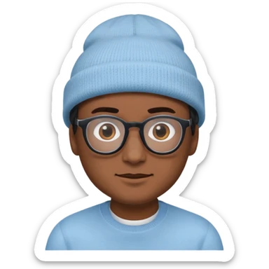 A person emoji with medium-dark skin, wearing a light blue beanie and black-framed glasses, with brown eyes, dark eyebrows, a small nose, and a subtle smile on a clean-shaven face. sticker