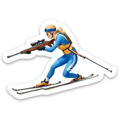An icon featuring snow-covered trees, distant mountains, and a clear blue sky with a biathlete in motion, holding a rifle and skiing across a snowy course. Transparent background highlights the precision, endurance, and excitement of biathlon. sticker