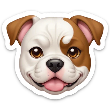 Cinematic Cute White and Brown American Bulldog Portrait Emoji, Head tilted playfully and inquisitively, soft white fur with rich brown patches, round, sparkling brown eyes filled with curiosity, Simplified yet irresistibly adorable features, highly detailed, glowing with a warm, friendly glow, high shine, affectionate and lively, stylized with a touch of whimsy, bright and endearing, soft glowing outline, capturing the essence of a mischievous yet loving pup, so playful it feels like it could bound out of the screen and into your arms! sticker