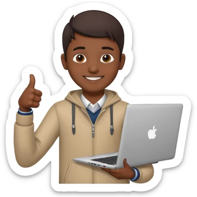 indian college boy holding laptop thumbs up sticker