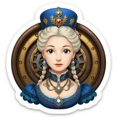 realistic cinematic Russian Empress Catherine the Great depicted with steam punk Victorian-style body tattoos sticker
