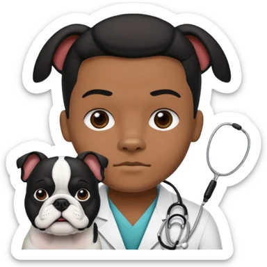 joven médico con el pelo un poco largo pero no tanto y lacio, que tenga un estetoscopio de color de piel tez negra calida !!! que sostiene un bulldog francés blanco y negro  sticker