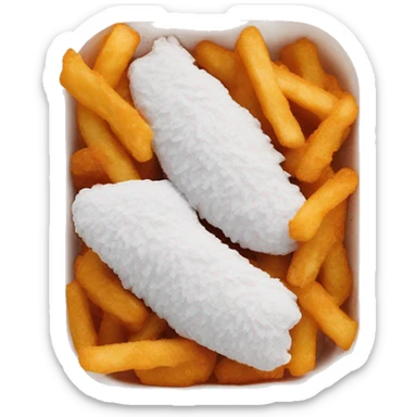 3 chicken tenders with crinkle fries and orange sauce on the side in a styrofoam container sticker