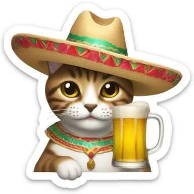 Mexican cat with sombrero drinking beer sticker