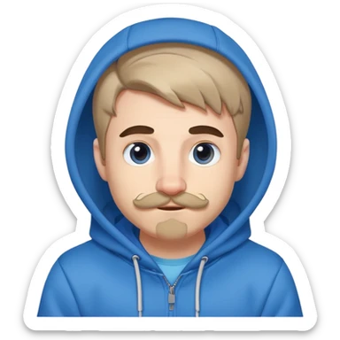 Mr. Beast wearing a blue hoodie, small ferret mustache, small light beard, playful expression sticker
