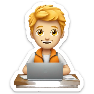 attractive blonde orange haired boy working on laptop in zipper showing thumbs up sticker