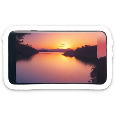 A phone in the camera app making a photo of a sunset sticker