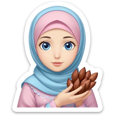 Turkish beautiful finish Konya girl blue eyes with pastel sakura hijab islamic dress and had on her hand dates sticker