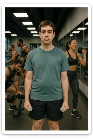 A man in a modern gym wearing sportswear, lifting very light dumbbells with a bored or uninterested expression. Around him, other athletes train intensely. His physique appears underdeveloped or without progress. The atmosphere is static with no visible sweat or effort, clean mirrors, and barely used equipment. Artificial gym lighting, clean environment, visually empty scene of effort. Vertical format. sticker