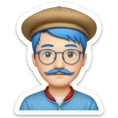 chinese man blue haired and hat and glassess and mustache sticker