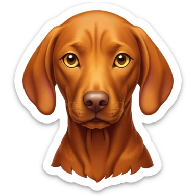Cinematic Noble Vizsla Portrait Emoji, Poised and regal, with a sleek, athletic build and a short, smooth Fur of rust and gold, deep-set soulful amber eyes, Simplified yet sharp and sophisticated features, highly detailed, glowing with a soft, dignified glow, high shine, intelligent and agile, stylized with an air of determination, focused and attentive, soft glowing outline, capturing the essence of a watchful and confident companion, so majestic it feels as though it could sprint out of the screen with effortless authority! sticker