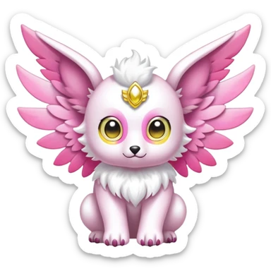 Shiny epic glittery divine white yellow pink animal-fakemon-creature with head-ear-wings, cute, adorable, big eyes sticker