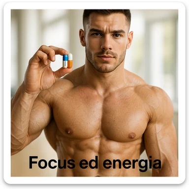 hyper realistic 25 year old bodybuilder showing citicoline and acetylcarnitine, defined muscles, two colored capsules in foreground, text 'Focus ed energia', bright environment sticker