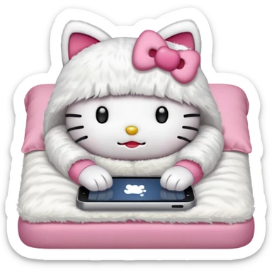 hello kitty without a mouth tucked into bed and using her phone sticker