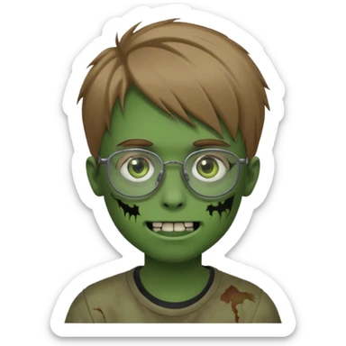 boy zombie with light brown emo hair and green skin and glasses and corner smile sticker