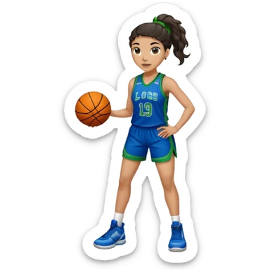 full body plus size light skin latino women basketball player with wavy dark hair in pony tail wide nose wearing blue uniform with green accent sticker