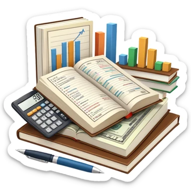Icon for Business Reading: an open book with graphs, numbers, percentages, formulas, and text on the pages, next to a stack of books, a pile of dollars, a calculator, and a pen. The icon should represent the analytical and strategic nature of business literature. Transparent background. sticker