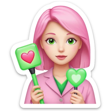 A lovely woman in pink with a square green light stick and with heart sticker